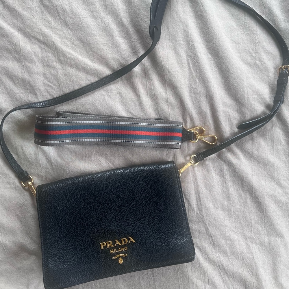 Prada Black Leather Crossbody Bag with Striped Strap. - Picture 2 of 4